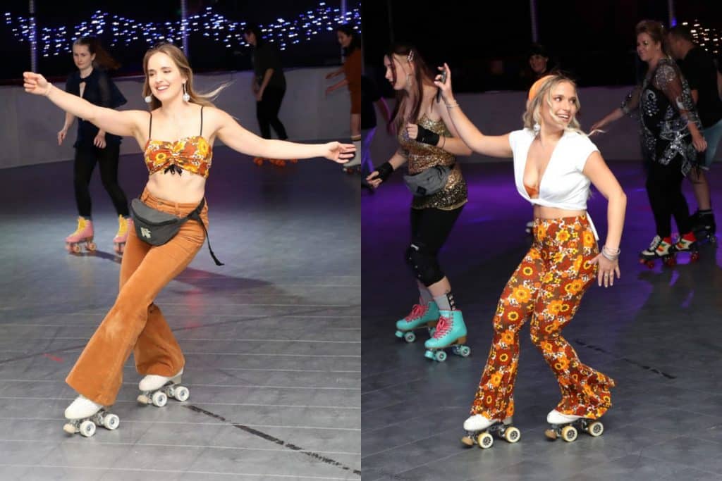 two images of two young women roller skating at a roller disco in auckland