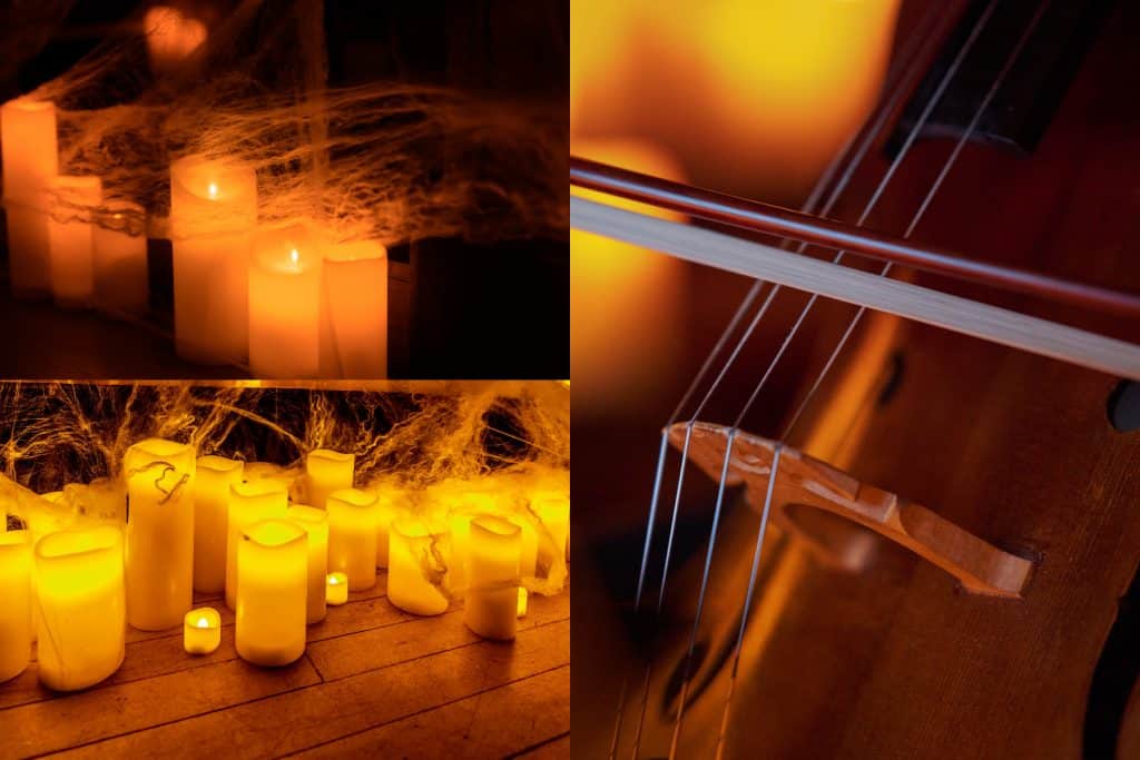 flameless candles in cobwebs and closeup of cello
