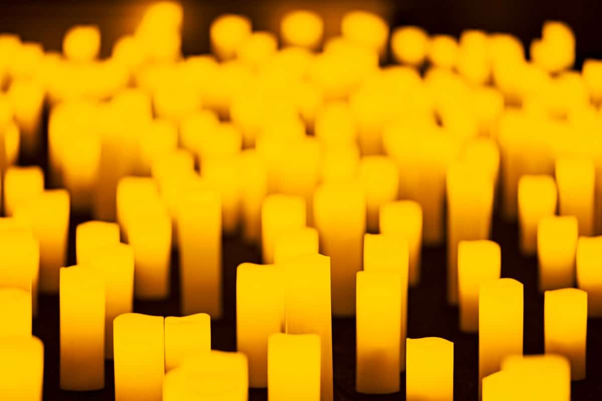 A close up of candles on display at a Candlelight concert.